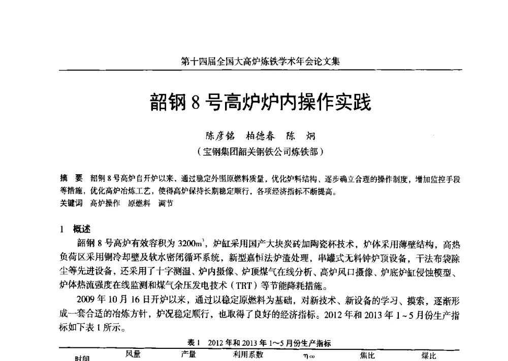 韶钢8号高炉炉内操作实践 - 第十四届全国大高炉炼铁学术年会