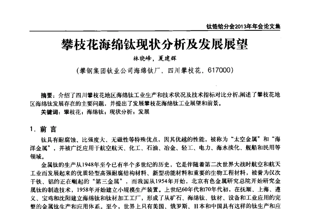 攀枝花海绵钛现状分析及发展展望 - 中国有色金属工业协会钛锆铪分会2013年年会