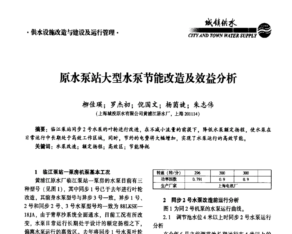 原水泵站大型水泵节能改造及效益分析 - 2014第九届中国城镇水务发展国际研讨会