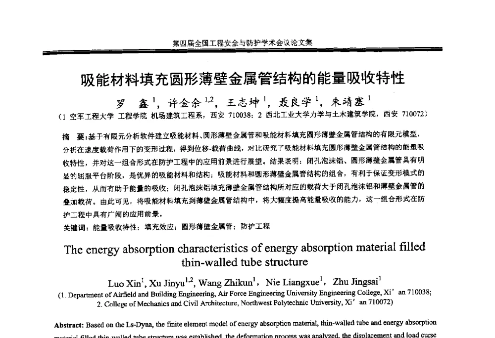 吸能材料填充圆形薄壁金属管结构的能量吸收特性 - 第4届全国工程安全与防护学术会议