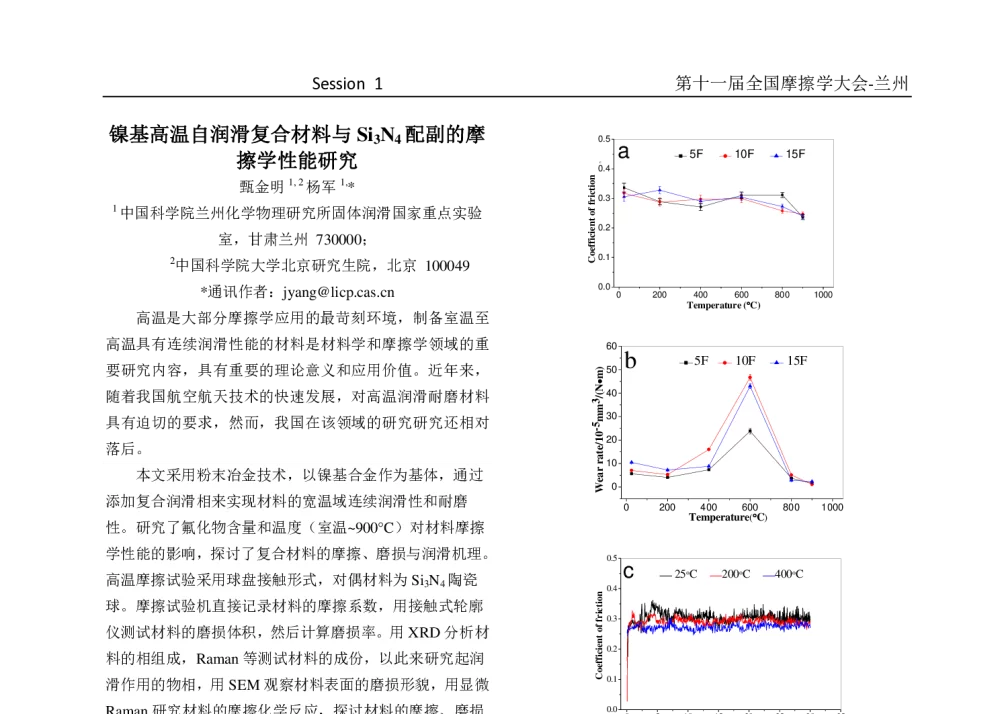 镍基高温自润滑复合材料与Si3N4配副的摩擦学性能研究 - 第十一届摩擦学大会
