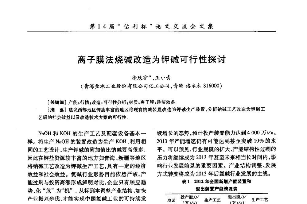 离子膜法烧碱改造为钾碱可行性探讨 - 第31届全国氯碱行业技术年会暨第14届“佑利杯”论文交流会