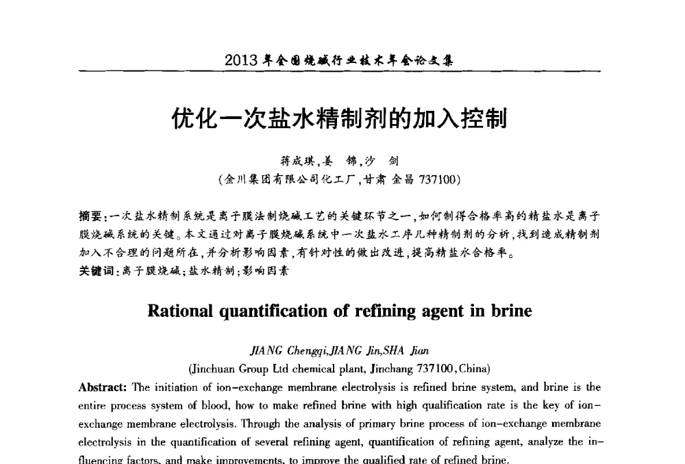 优化一次盐水精制剂的加入控制 - 2013年全国烧碱行业技术年会