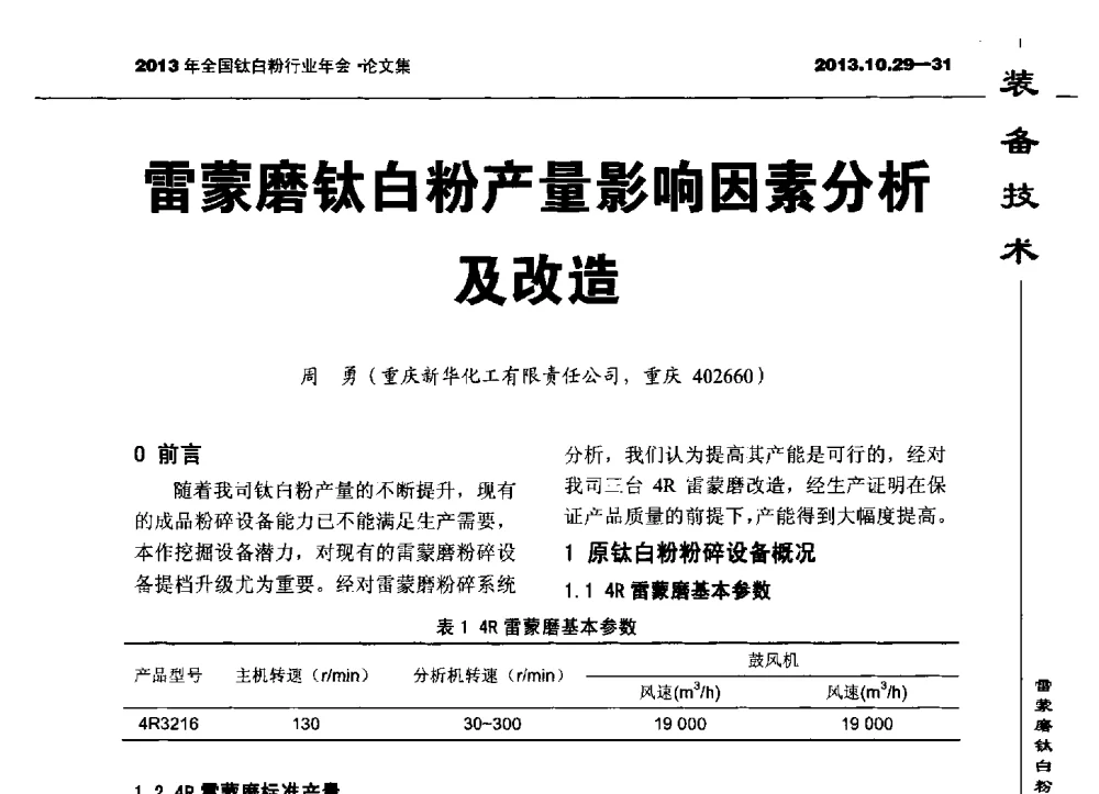 雷蒙磨钛白粉产量影响因素分析及改造 - 2013全国钛白行业年会
