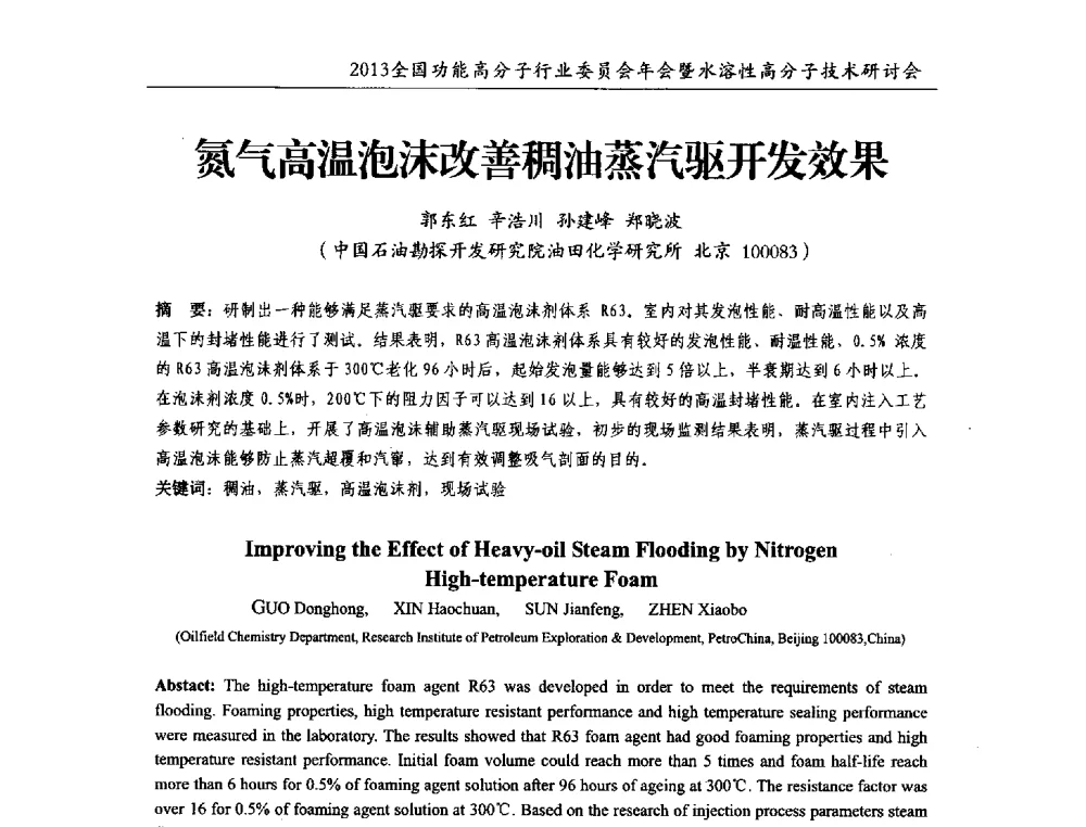 氮气高温泡沫改善稠油蒸汽驱开发效果 - 2013全国功能高分子行业委员会年会暨水溶性高分子技术研讨会