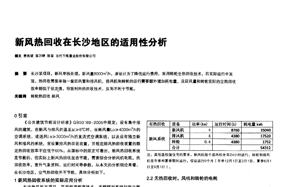 新风热回收在长沙地区的适用性分析 - 第三届夏热冬冷地区绿色建筑联盟会议