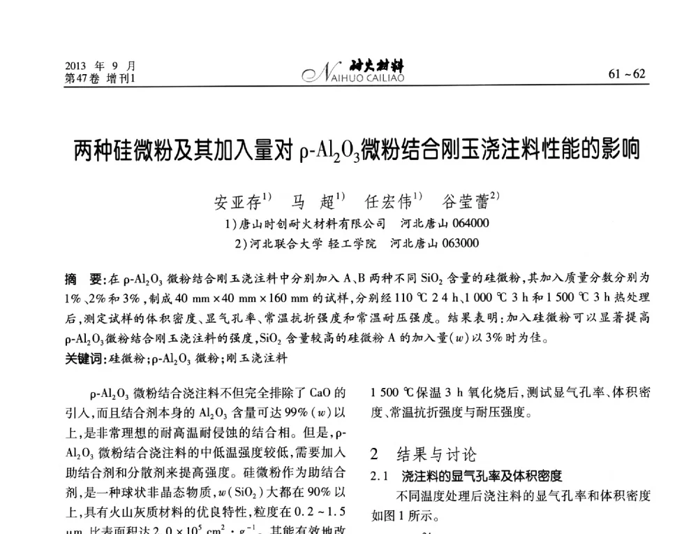 两种硅微粉及其加入量对ρ-Al2O3微粉结合刚玉浇注料性能的影响 - 2013耐火材料综合学术会议、第十二届全国不定形耐火材料学术会议、2013耐火原料学术交流会