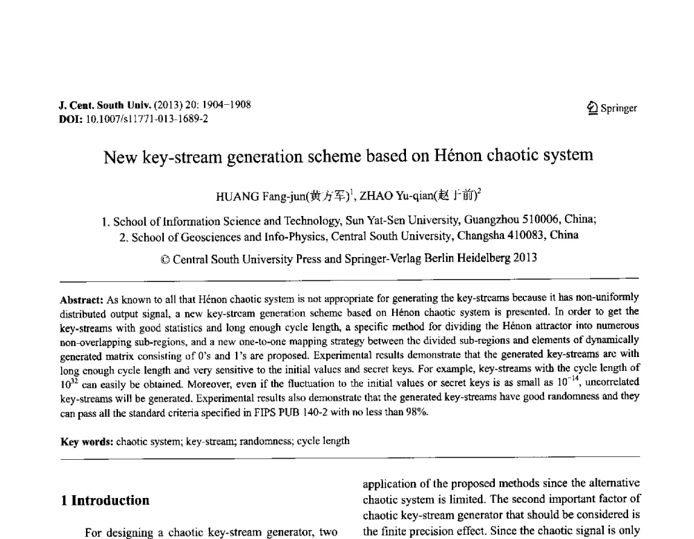 New key-stream generation scheme based on Hnon chaotic system - 第八届全国青年岩土力学与工程会议暨青年华人岩土工程论坛