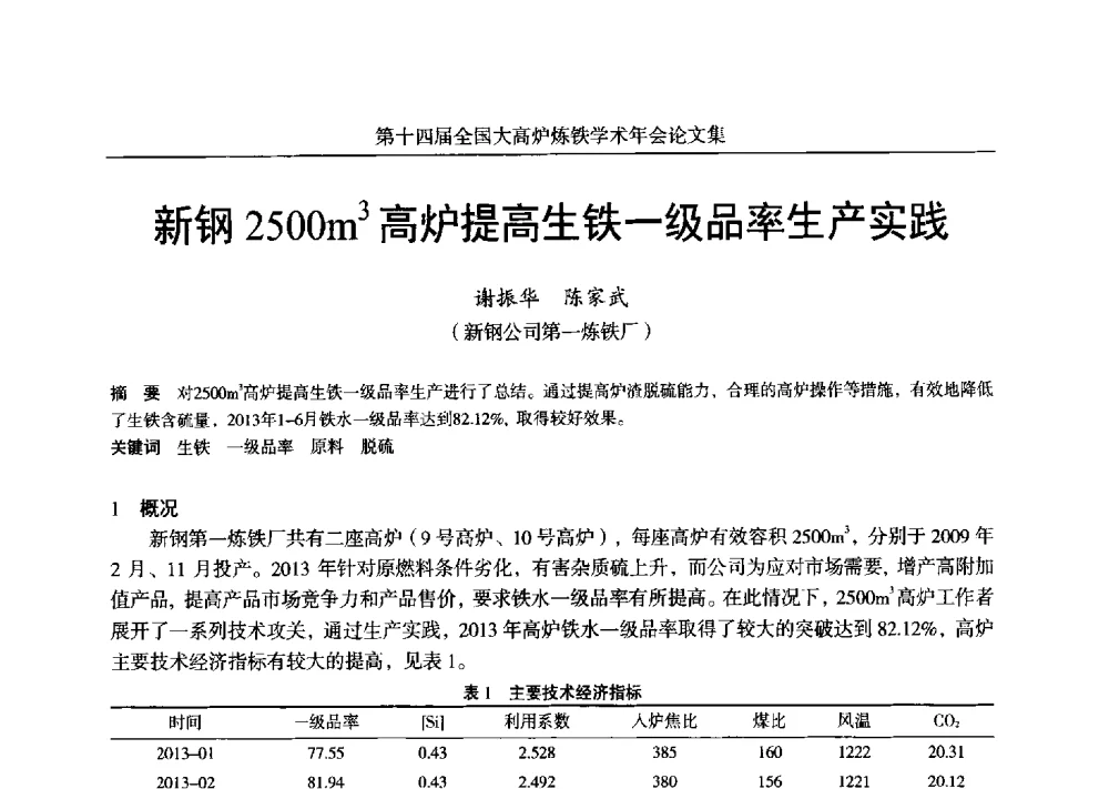 新钢2500m3高炉提高生铁一级品率生产实践 - 第十四届全国大高炉炼铁学术年会