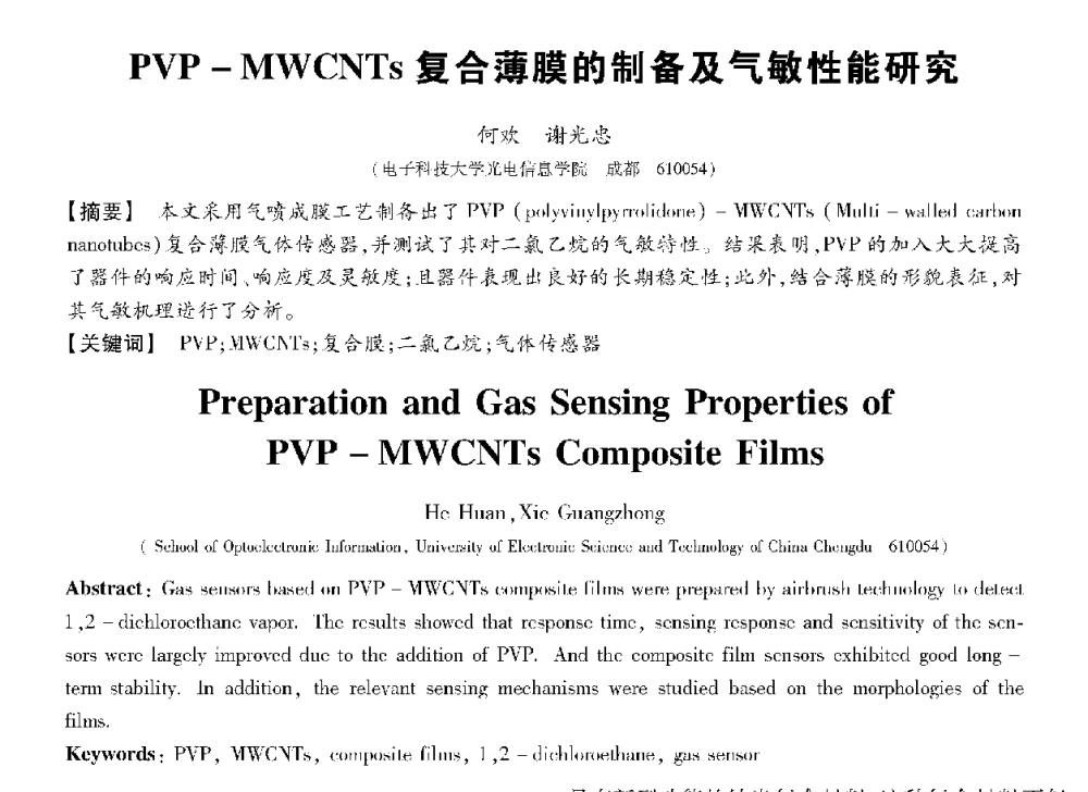 PVP-MWCNTs复合薄膜的制备及气敏性能研究 - 第十三届全国敏感元件与传感器学术会议