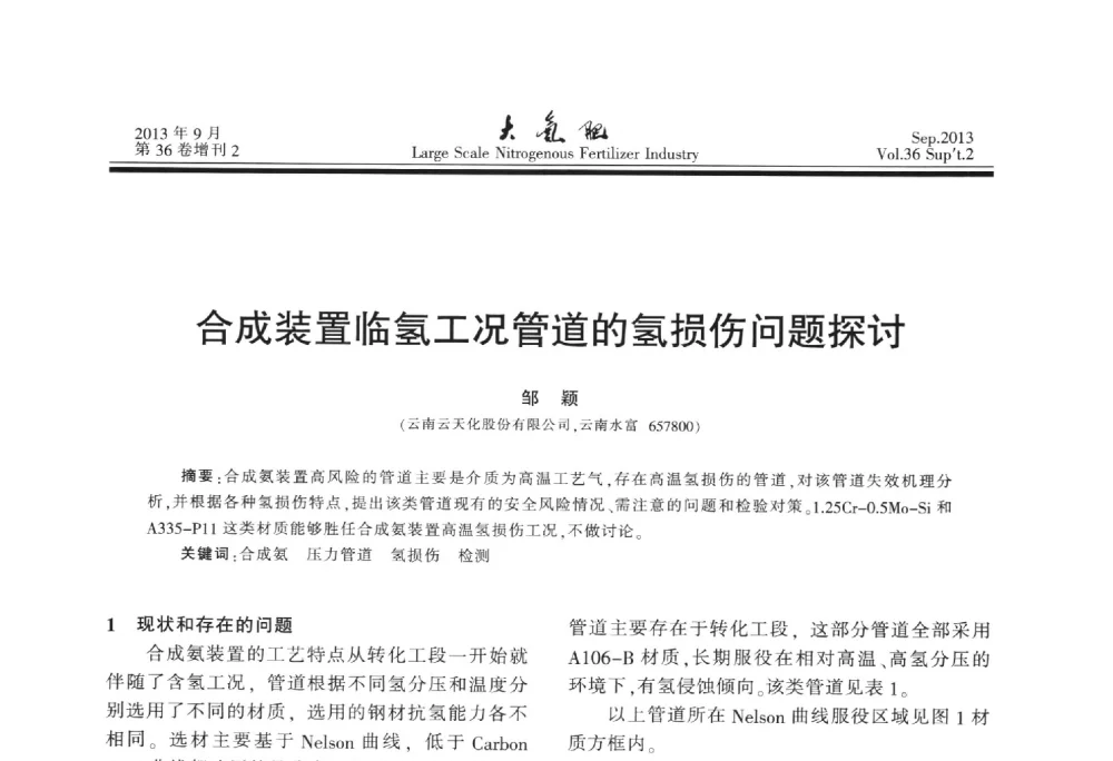 合成装置临氢工况管道的氢损伤问题探讨 - 第二十一届全国大型合成氨装置技术年会