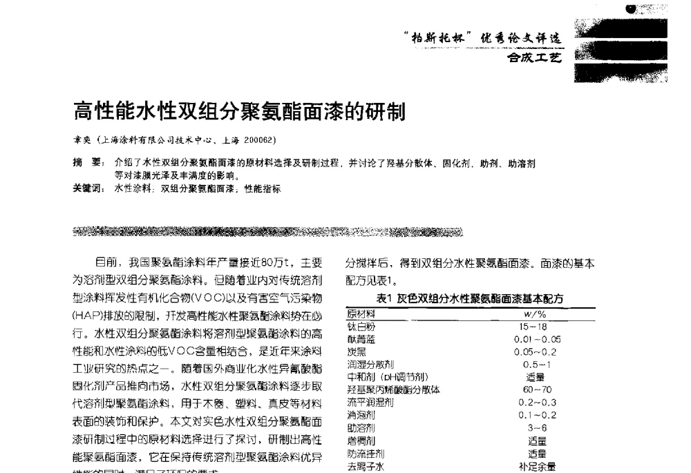高性能水性双组分聚氨酯面漆的研制 - 2013水性聚氨酯行业年会暨第11届水性涂料研讨会