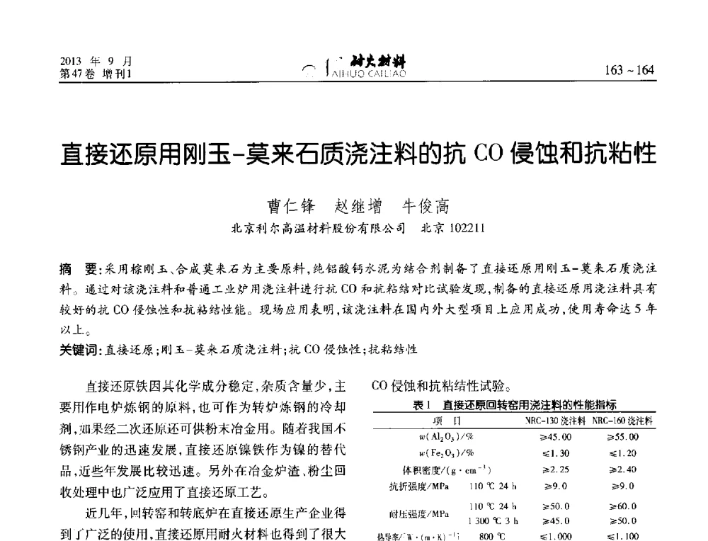 直接还原用刚玉-莫来石质浇注料的抗CO侵蚀和抗粘性 - 2013耐火材料综合学术会议、第十二届全国不定形耐火材料学术会议、2013耐火原料学术交流会