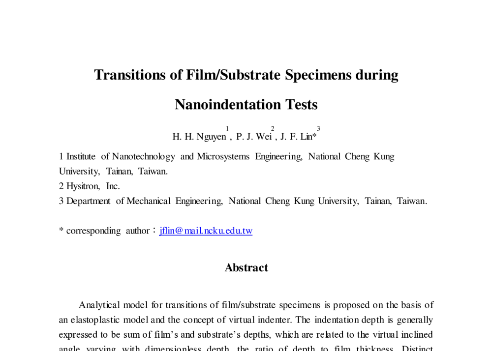 Transitions of Film_Substrate Specimens during Nanoindentation Tests - 2014年海峡两岸破坏科学与材料试验学术会议暨第十二届破坏科学研讨会、第十届全国MTS材料试验学术会议