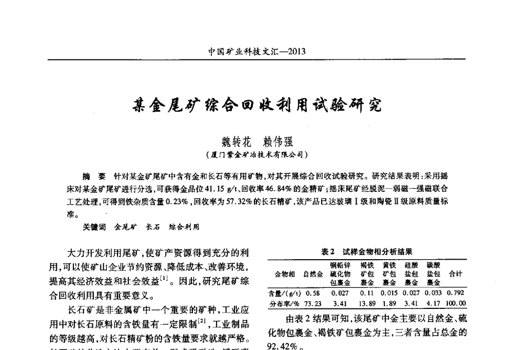 某金尾矿综合回收利用试验研究 - 2013第四届中国矿业科技大会