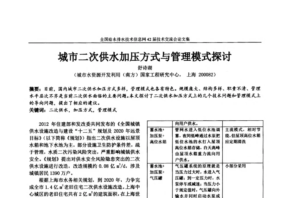 城市二次供水加压方式与管理模式探讨 - 全国给水排水技术信息网42届技术交流会
