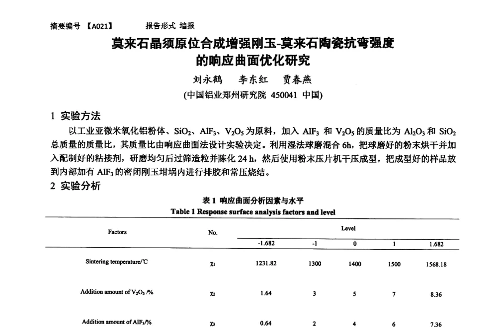 莫来石晶须原位合成增强刚玉-莫来石陶瓷抗弯强度的响应曲面优化研究 - 第十一届全国工程陶瓷学术年会