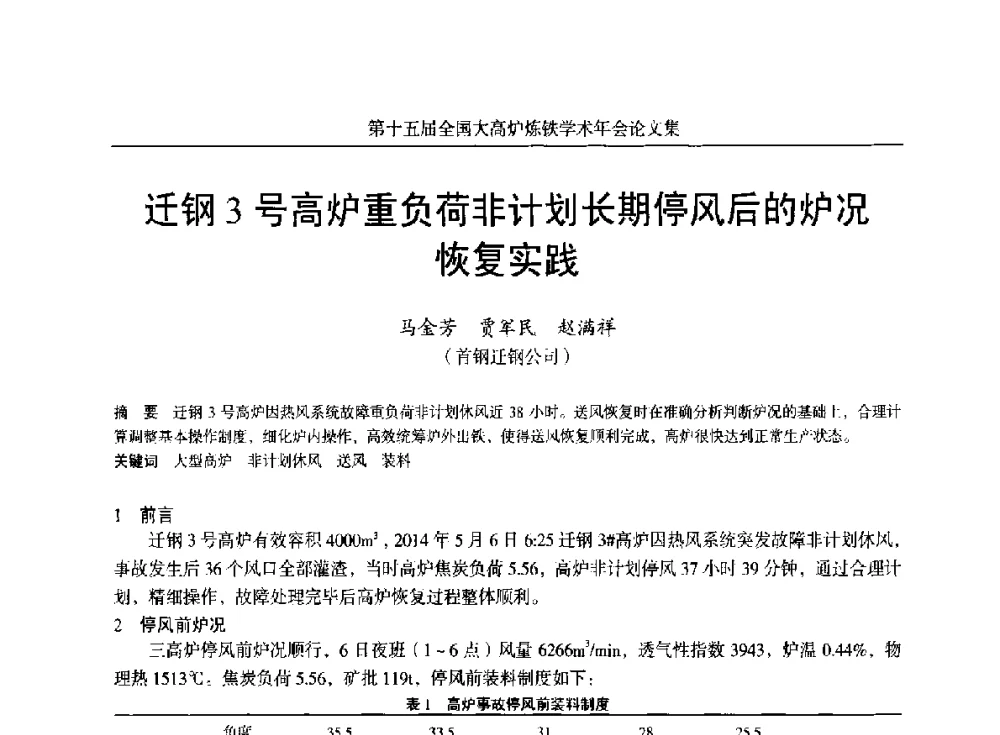 迁钢3号高炉重负荷非计划长期停风后的炉况恢复实践 - 第十五届全国大高炉炼铁学术年会