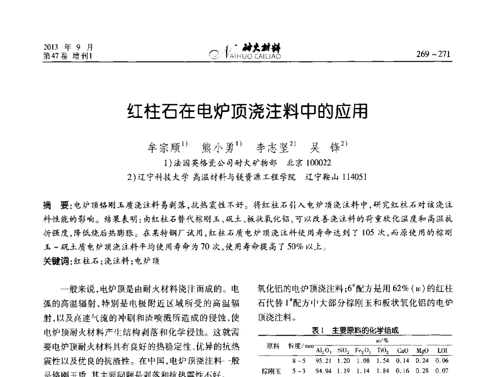 红柱石在电炉顶浇注料中的应用 - 2013耐火材料综合学术会议、第十二届全国不定形耐火材料学术会议、2013耐火原料学术交流会