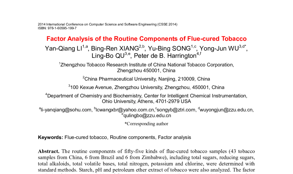Factor Analysis of the Routine Components of Flue-cured Tobacco - 2014年国际计算机科学与软件工程学术会议