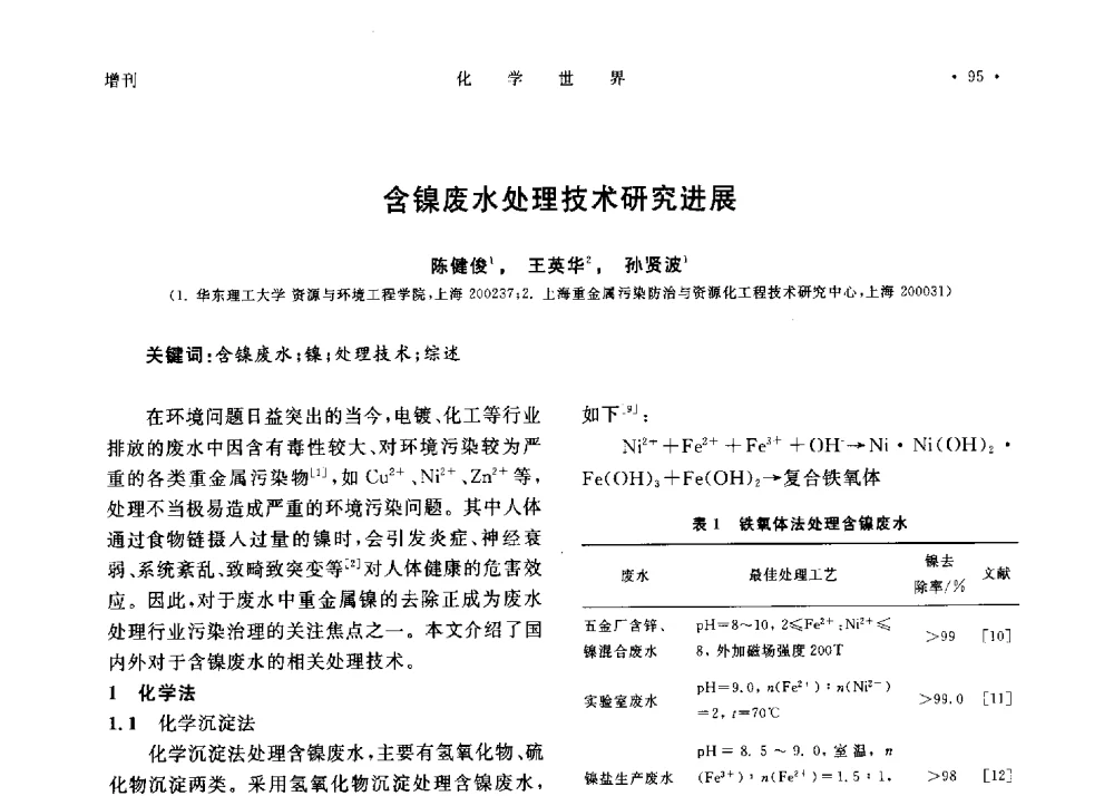 含镍废水处理技术研究进展 - 上海市化学化工学会2013年度学术年会