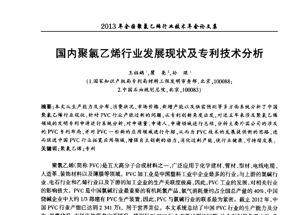 国内聚氯乙烯行业发展现状及专利技术分析 - 2013年全国聚氯乙烯行业技术年会