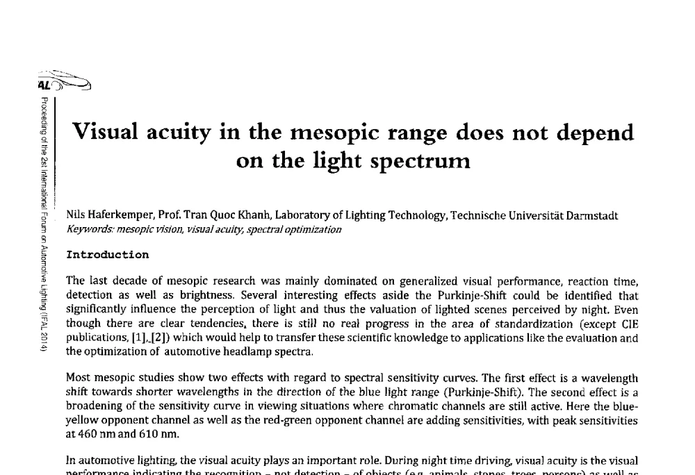 Visual acuity in the mesopic range does not depend on the light spectrum - The 2nd International Forum on Automotive Lighting_2nd IFAL(第二届中国国际汽车照明论坛(2014))