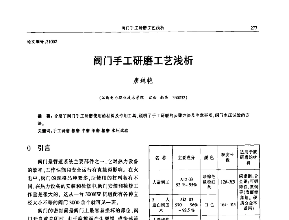 阀门手工研磨工艺浅析 - 2014年江西省电机工程学会年会