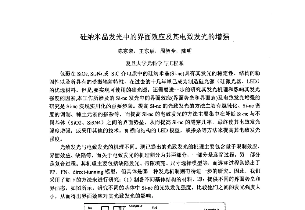 硅纳米晶发光中的界面效应及其电致发光的增强 - 上海市激光学会2013年学术年会