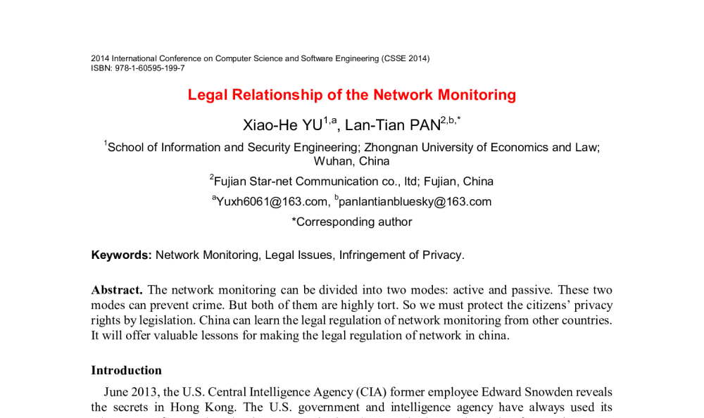 Legal Relationship of the Network Monitoring - 2014年国际计算机科学与软件工程学术会议