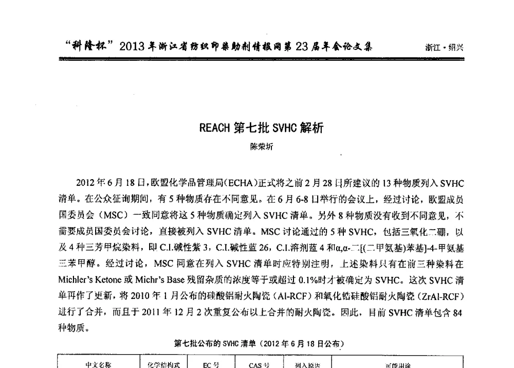REACH第七批SVHC解析 - “科隆杯”浙江省纺织印染助剂情报网第23届年会