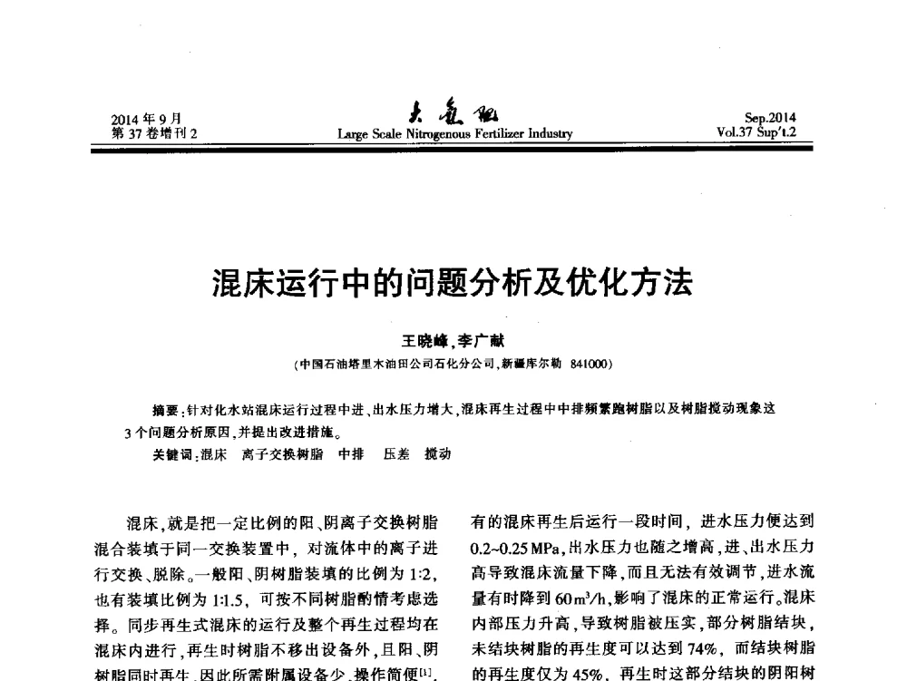 混床运行中的问题分析及优化方法 - 第十八届全国大型尿素装置技术年会