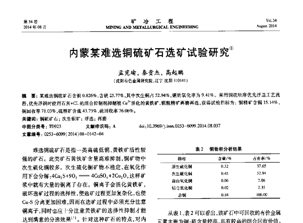 内蒙某难选铜硫矿石选矿试验研究 - 第七届全国选矿专业学术年会