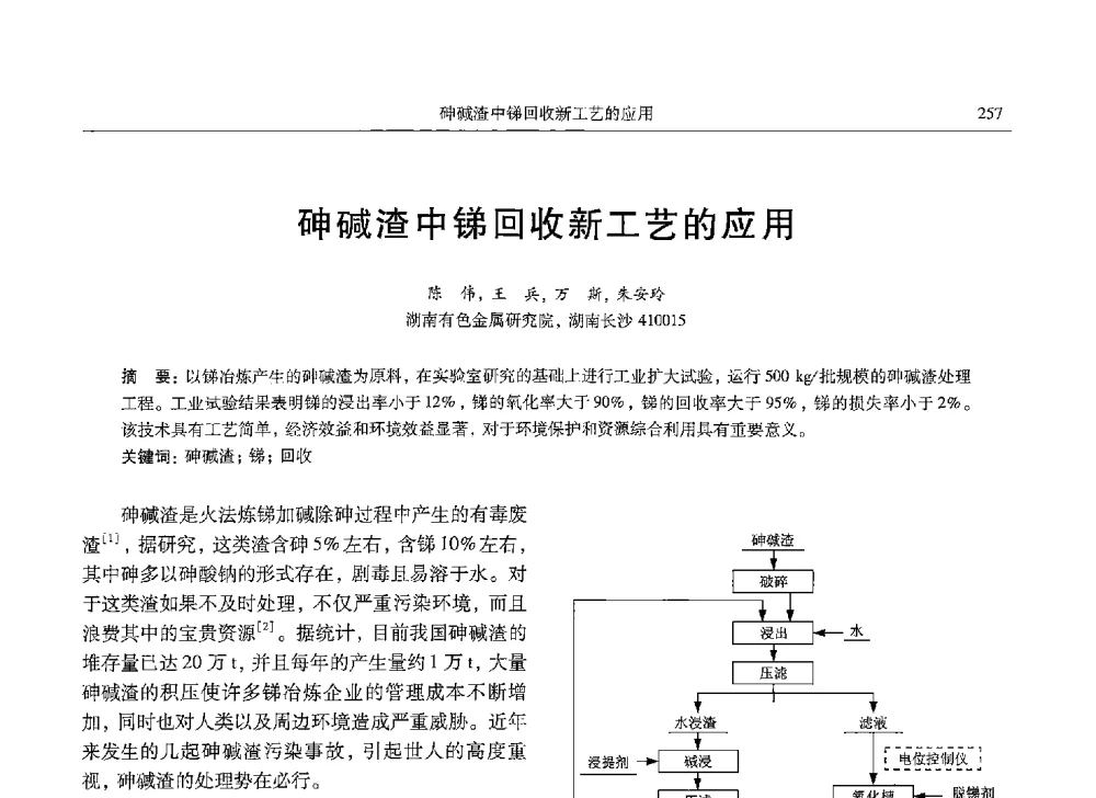 砷碱渣中锑回收新工艺的应用 - 中国有色金属学会第九届学术年会