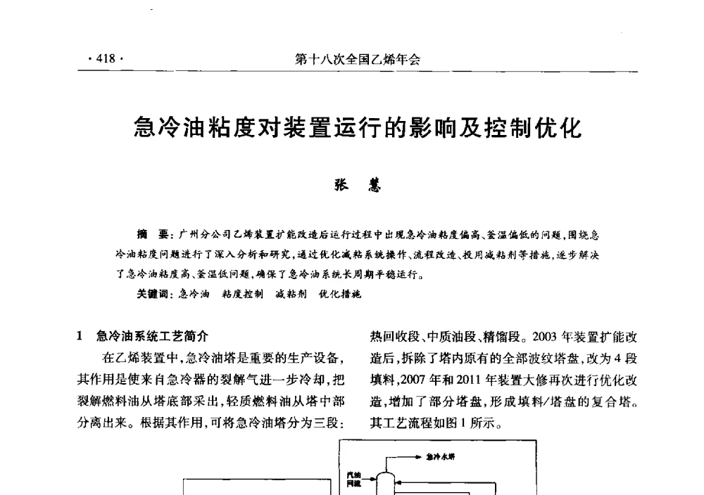 急冷油粘度对装置运行的影响及控制优化 - 第十八次全国乙烯年会