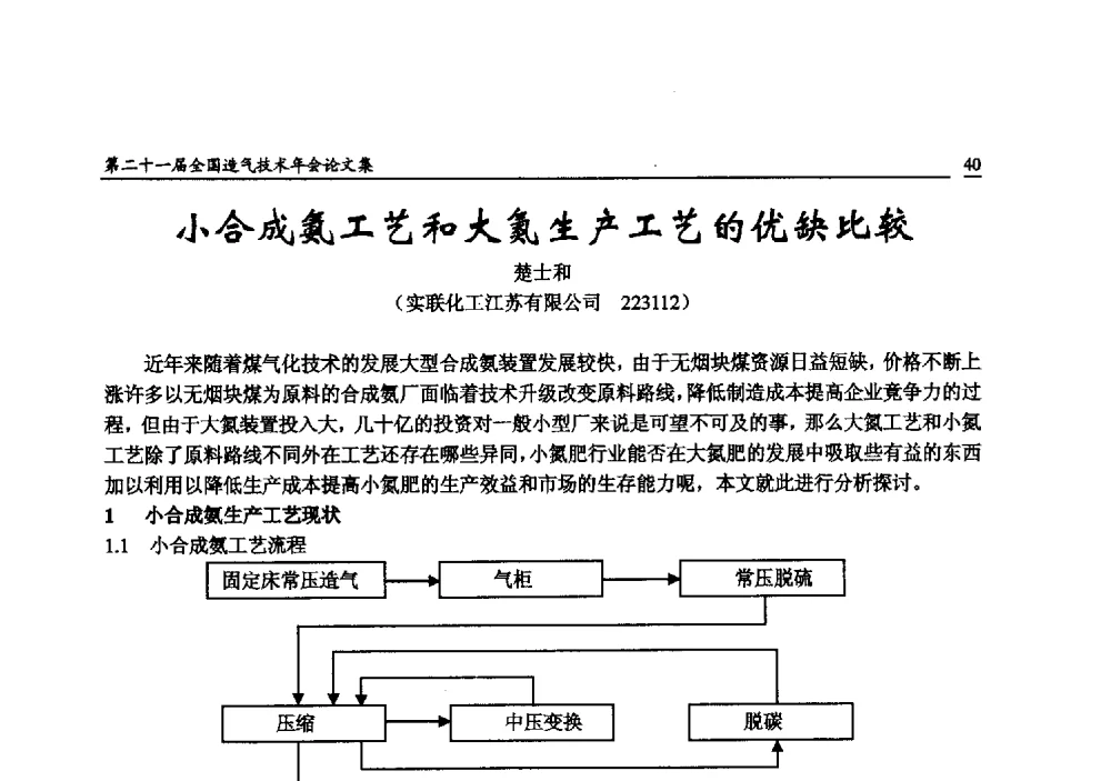 小合成氨工艺和大氮生产工艺的优缺比较 - 第二十一届全国造气技术年会