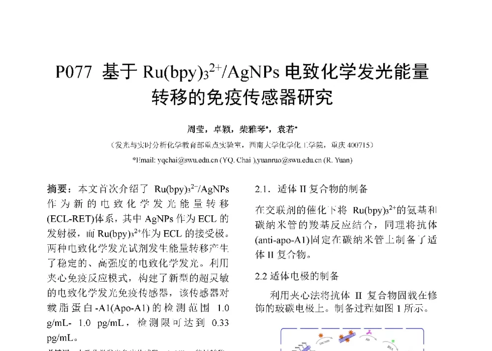 基于Ru(bpy)32+_AgNPs电致化学发光能量转移的免疫传感器研究 - 第十二届全国化学传感器学术会议