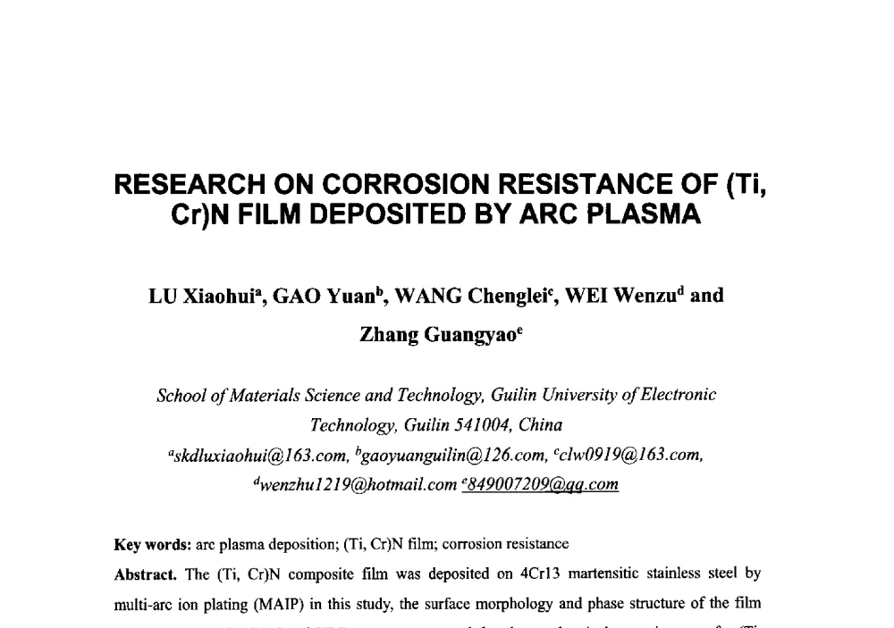 RESEARCH ON CORROSION RESISTANCE OF (Ti_Cr)N FILM DEPOSITED BY ARC PLASMA - 第八届海峡两岸工程材料研讨会