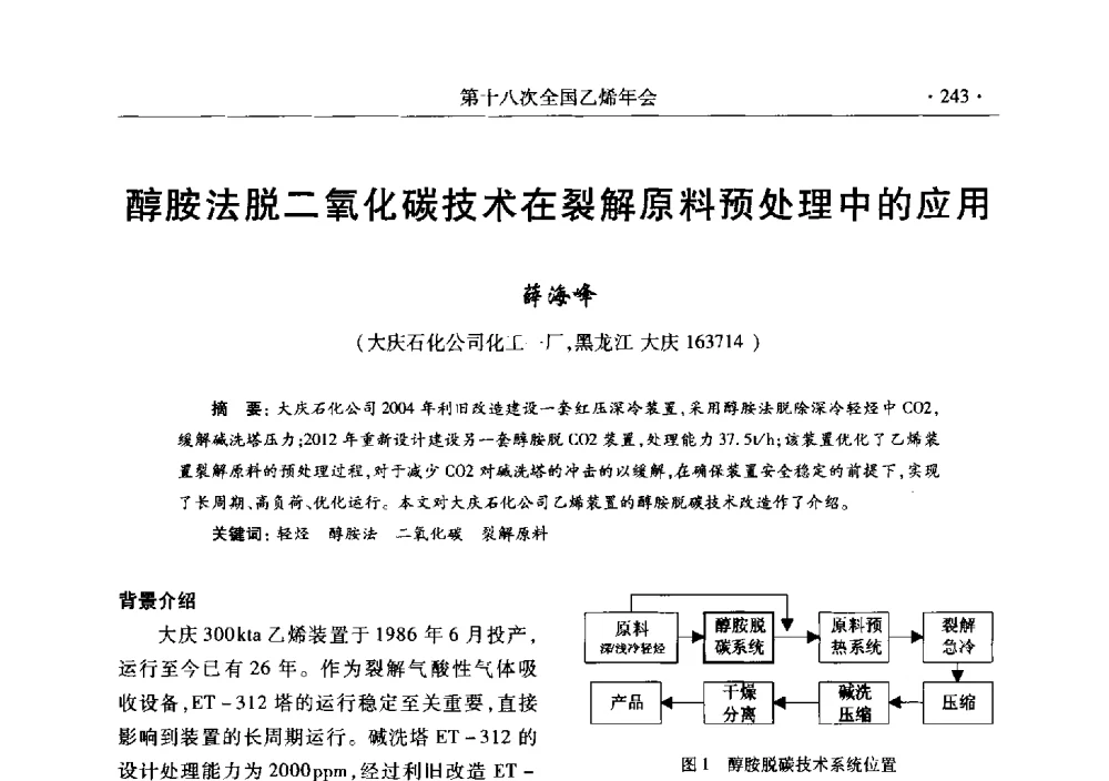 醇胺法脱二氧化碳技术在裂解原料预处理中的应用 - 第十八次全国乙烯年会