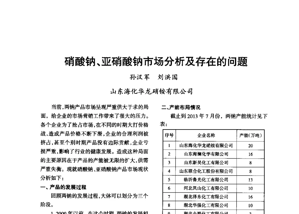 硝酸钠、亚硝酸钠市场分析及存在的问题 - 第八届全国硝酸硝酸盐技术交流会