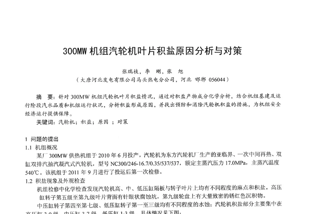 300MW机组汽轮机叶片积盐原因分析与对策 - 第四届火电行业化学(环保)专业技术交流会