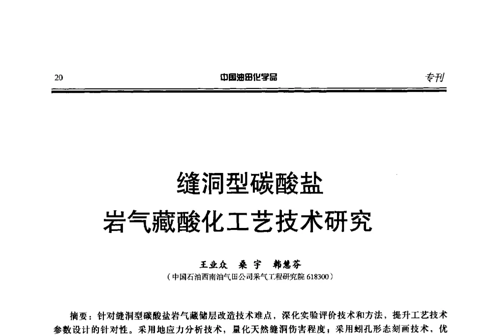 缝洞型碳酸盐岩气藏酸化工艺技术研究 - 第二十一届全国油田化学品行业联合会年会