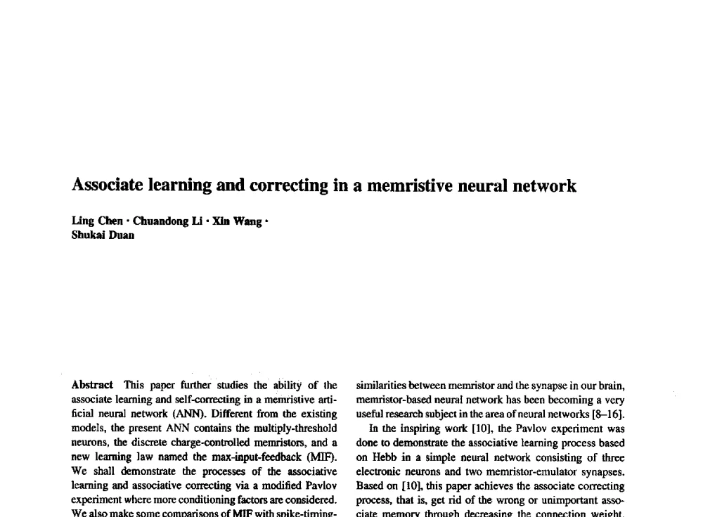 Associate learning and correcting in a memristive neural network - 西南大学2014年全国博士生学术论坛(电子技术与信息科学领域)