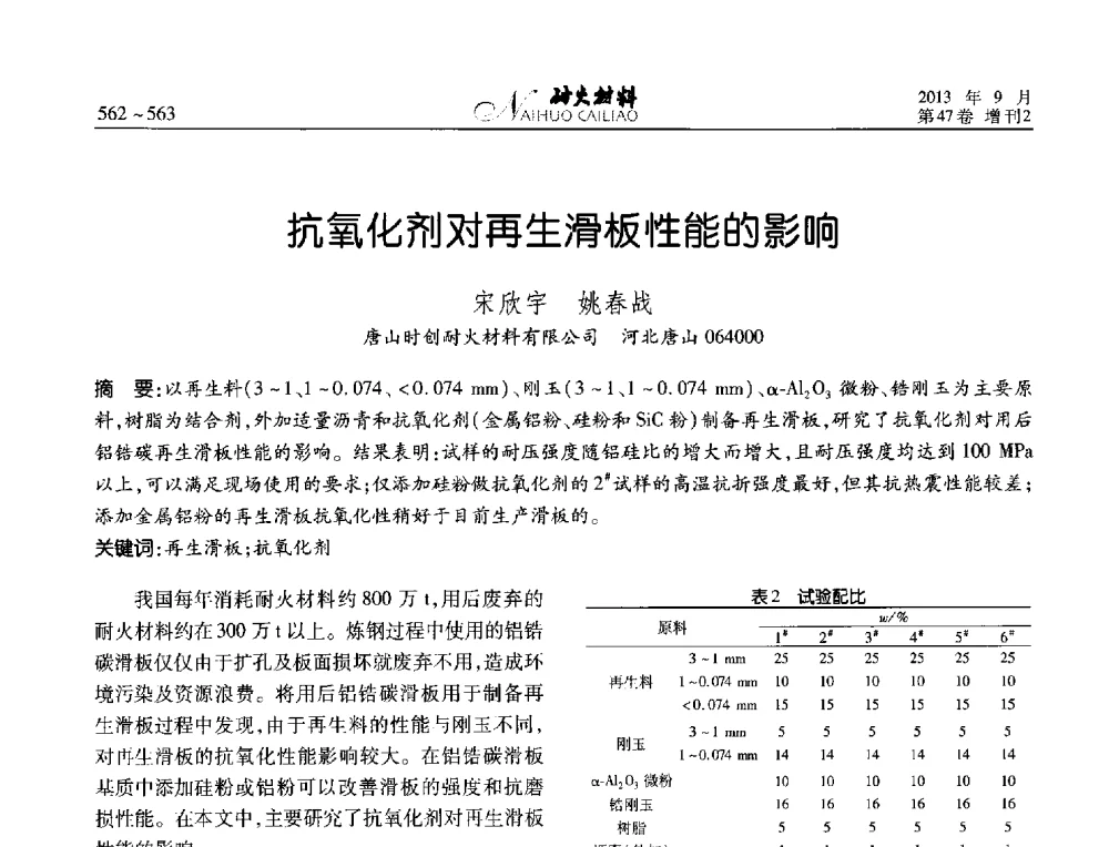 抗氧化剂对再生滑板性能的影响 - 2013耐火材料综合学术会议、第十二届全国不定形耐火材料学术会议、2013耐火原料学术交流会