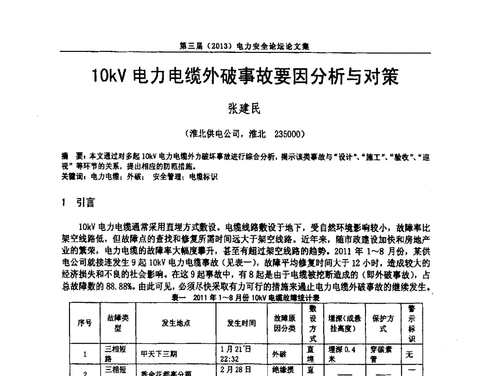 10kV电力电缆外破事故要因分析与对策 - 安徽省电机工程学会第三届(2013)电力安全论坛