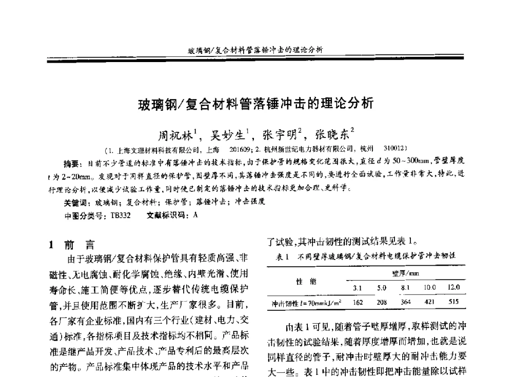 玻璃钢_复合材料管落锤冲击的理论分析 - 第二十届玻璃钢_复合材料学术交流会