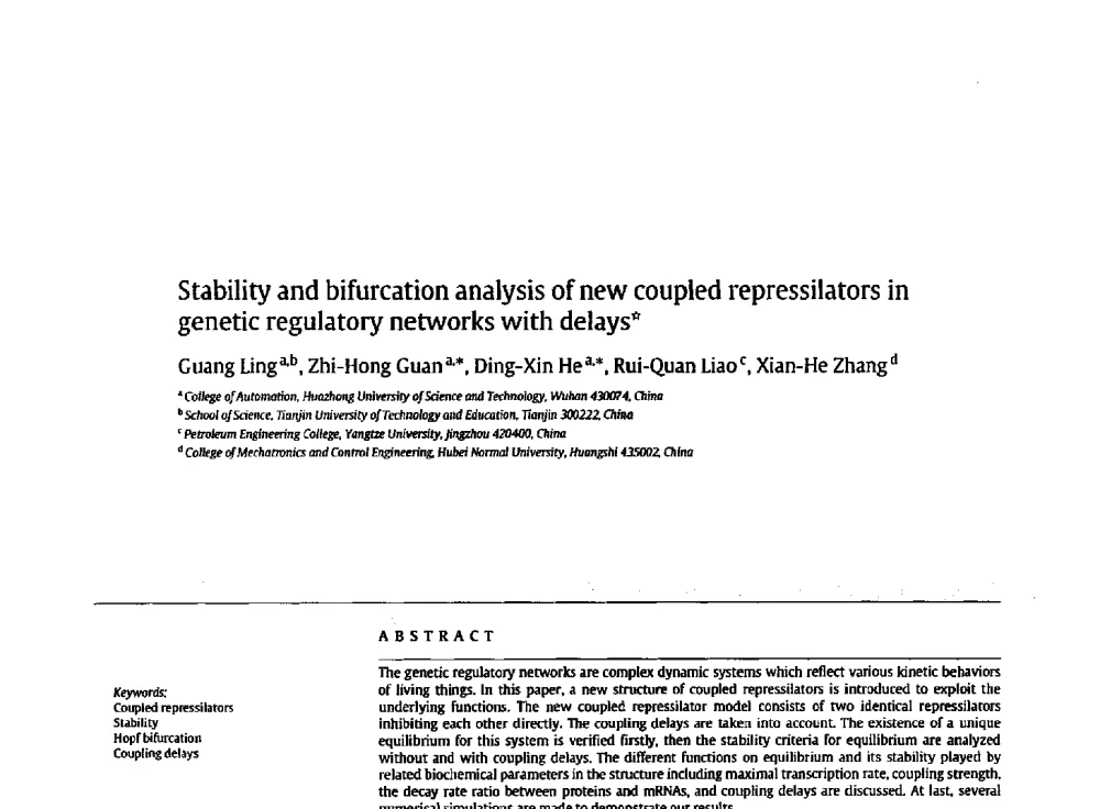 Stability and bifurcation analysis of new coupled repressilators in genetic regulatory networks with delays - 西南大学2014年全国博士生学术论坛(电子技术与信息科学领域)