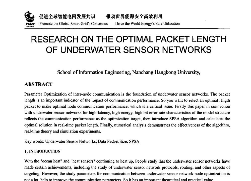 RESEARCH ON THE OPTIMAL PACKET LENGTH OF UNDERWATER SENSOR NETWORKS - 2014全球智能电网(中国)峰会