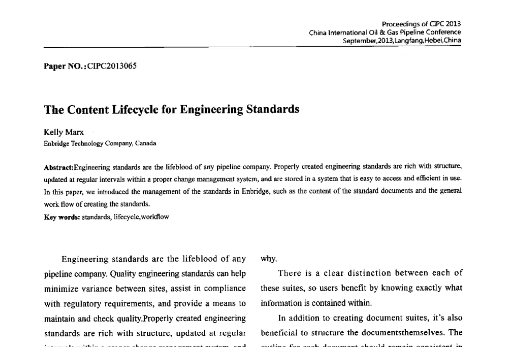 The Content Lifecycle for Engineering Standards - 2013中国国际管道会议暨第一届中国管道与储罐腐蚀与防护学术交流会