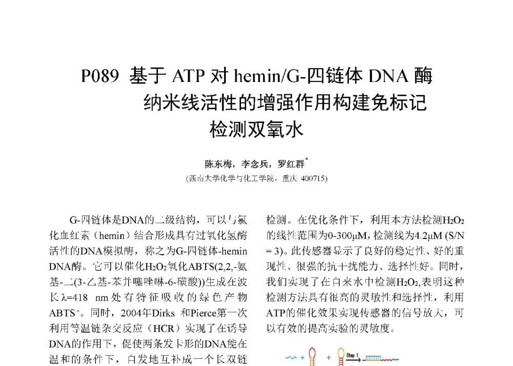 基于ATP对hemin_G-四链体DNA酶纳米线活性的增强作用构建免标记检测双氧水 - 第十二届全国化学传感器学术会议